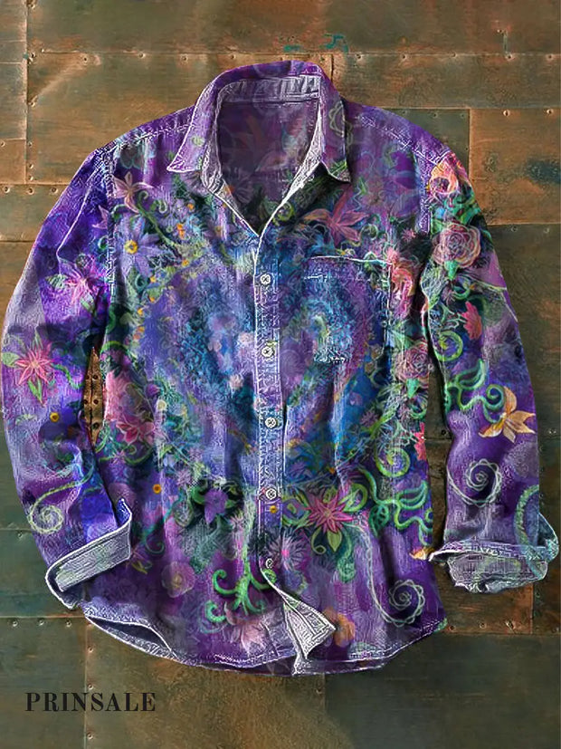 Unisex Purple Love Vineman Art Printed Lapel Long Sleeve Pocket Shirt Colorful / S