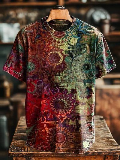 Unisex Retro Abstract Geometric Print Casual Loose T-Shirt Colorful / S