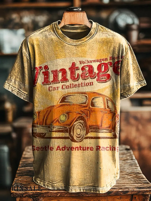 Unisex Retro Aged Car Print Casual Loose T-Shirt Colorful / S