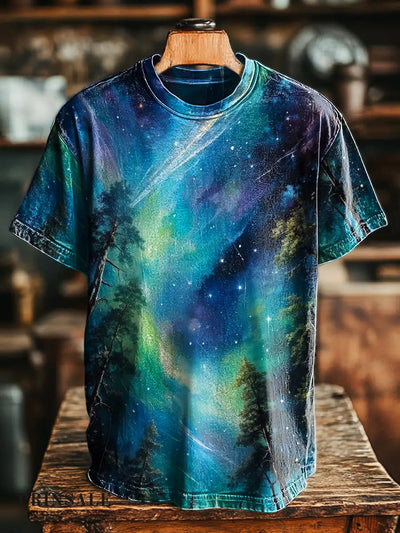 Unisex Retro Aurora Print Casual Loose T-Shirt Colorful / S