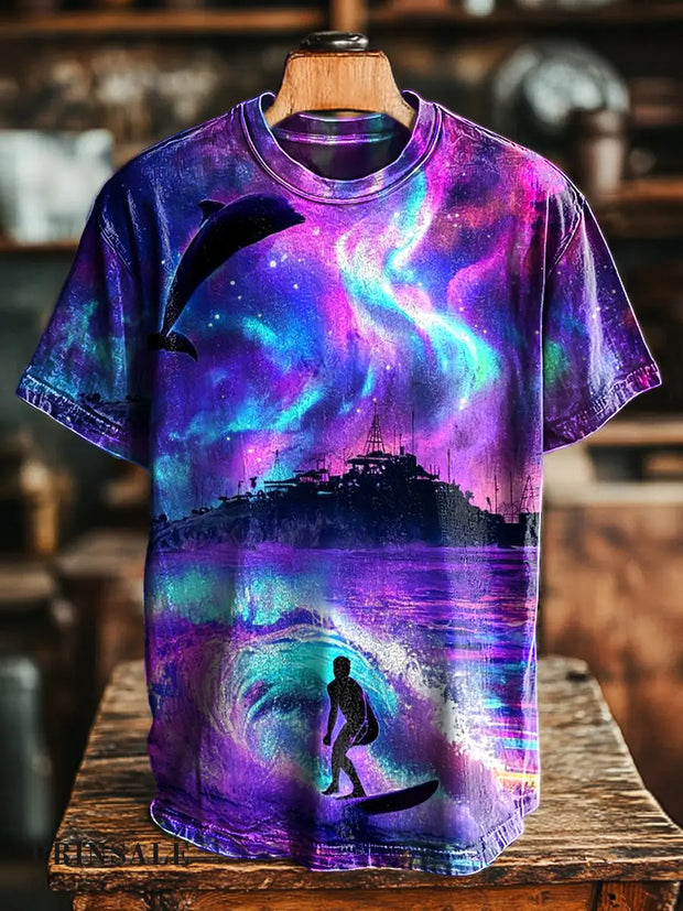 Unisex Retro Aurora Surf Dolphin Print Casual Loose T-Shirt Colorful / S