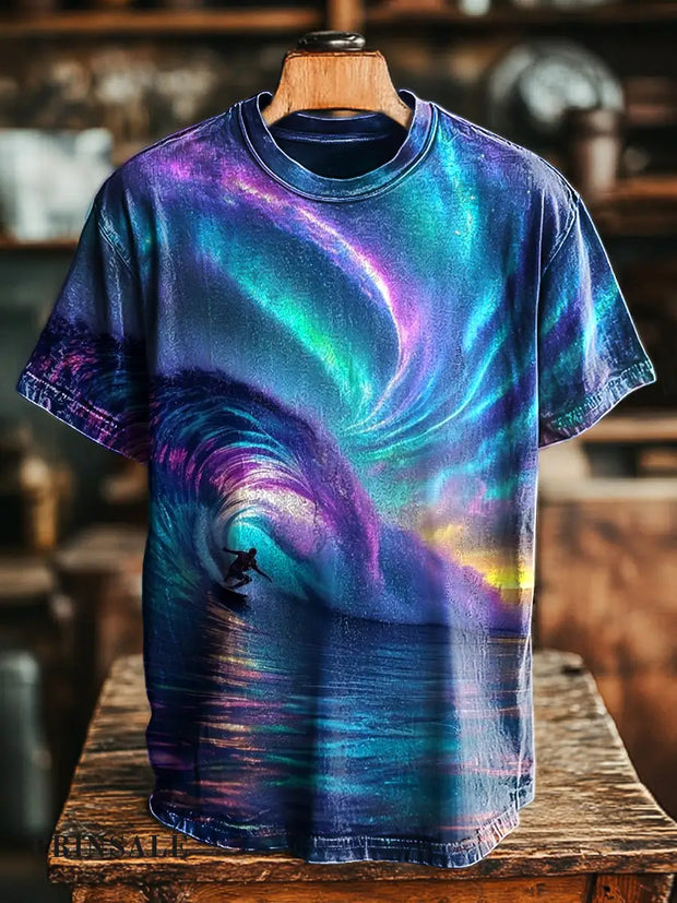 Unisex Retro Aurora Surf Print Casual Loose T-Shirt Colorful / S
