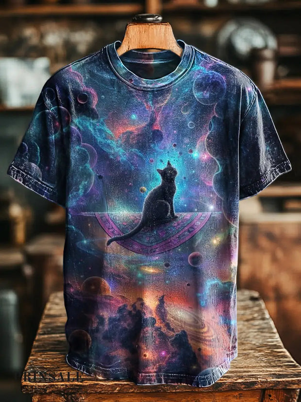 Unisex Retro Black Cat Magic Carpet Print Casual Short Sleeve T-Shirt Colorful / S