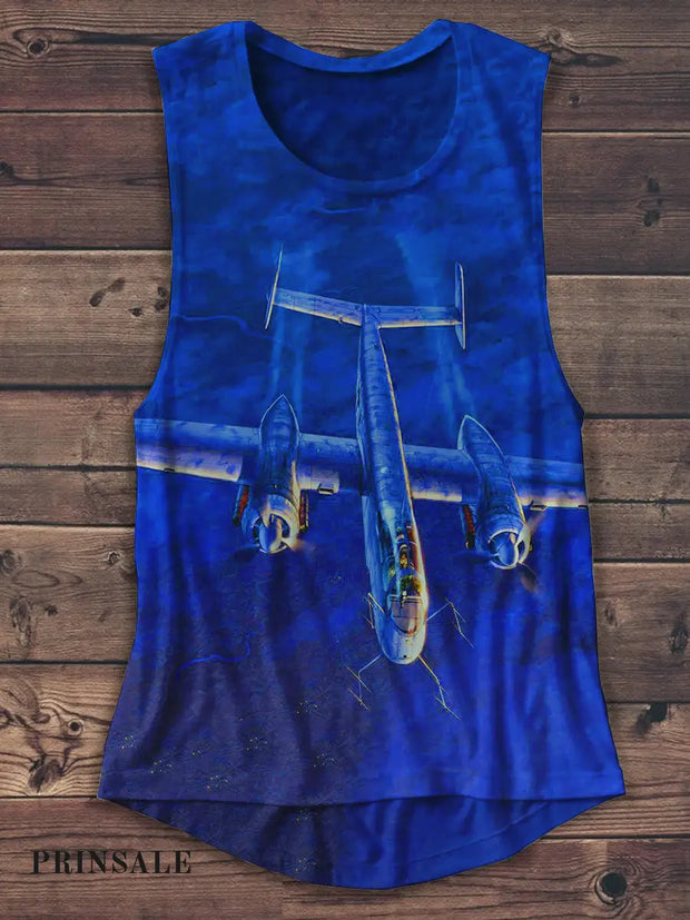 Unisex Retro Bomber Art Print Casual Tank Top Blue / S