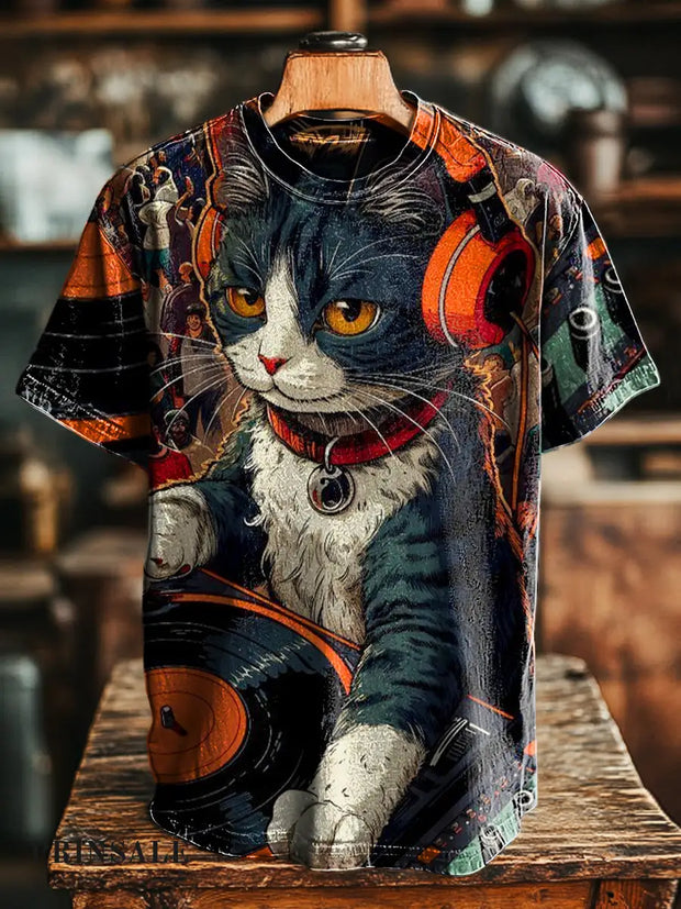 Unisex Retro Cat DJ Music Print Casual Short Sleeve T-Shirt Colorful / S