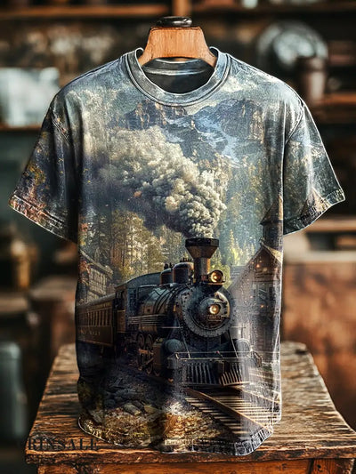 Unisex Retro Nostalgic Steam Train Print Casual Loose T-Shirt Colorful / S