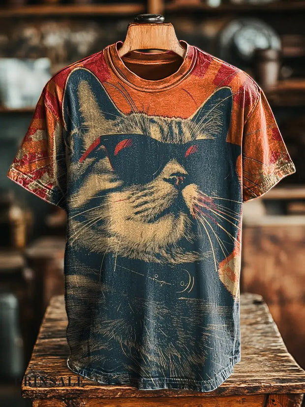 Unisex Retro Sunglasses Cat Print Casual Short Sleeve T-Shirt Colorful / S