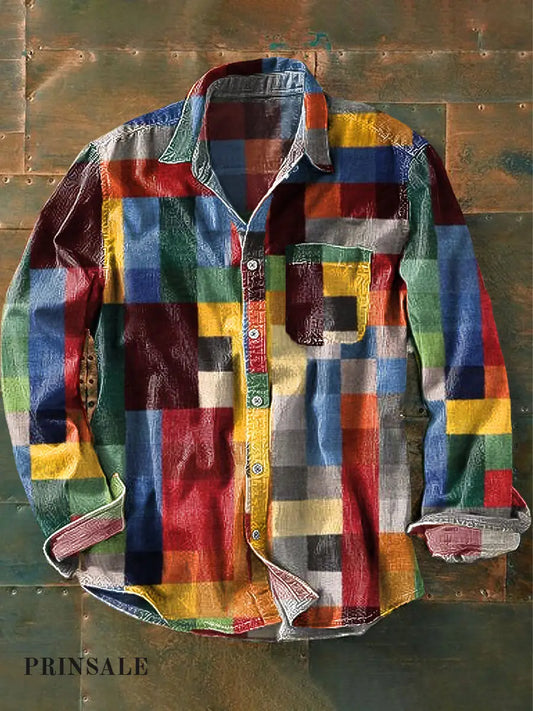 Unisex Simple Rainbow Color Plaid Vintage Printed Lapel Long Sleeve Pocket Shirt Colorful / S