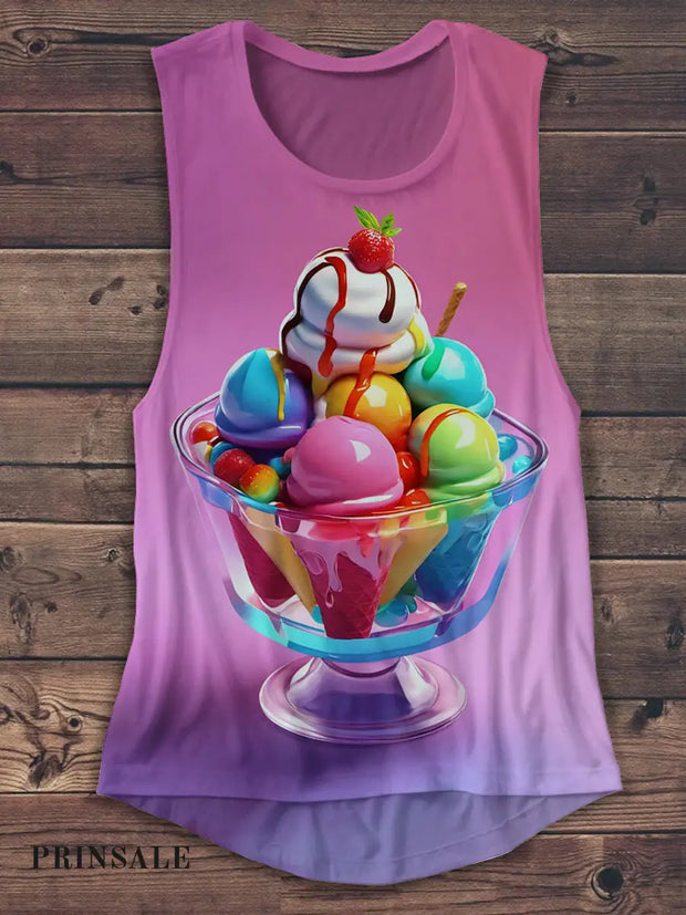 Unisex Summer Ice Cream Art Print Casual Tank Top Rose Red / S