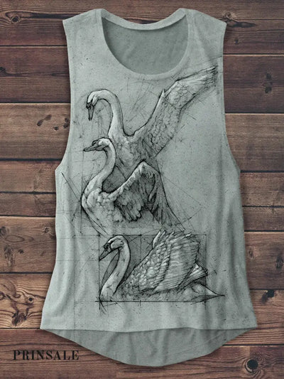 Unisex Swan Sketch Art Printed Casual Tank Top Gray / S