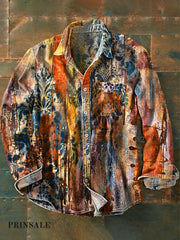 Unisex Vintage Oil Painting Pattern Printed Cotton Lapel Long Sleeve Pocket Shirt Colorful / S