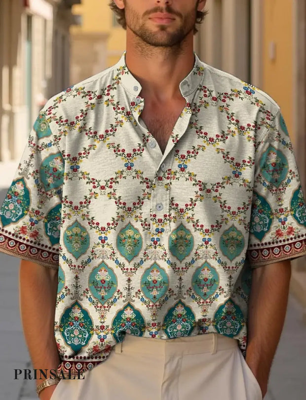 Vintage Floral And Diamond Pattern Casual Shirt