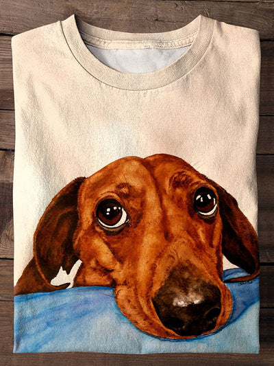 Cute Dog Print Round Neck Long Sleeve T-Shirt
