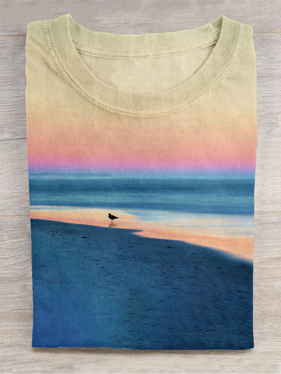 Unisex Colorful Beach Art Print Crew Neck T-Shirt