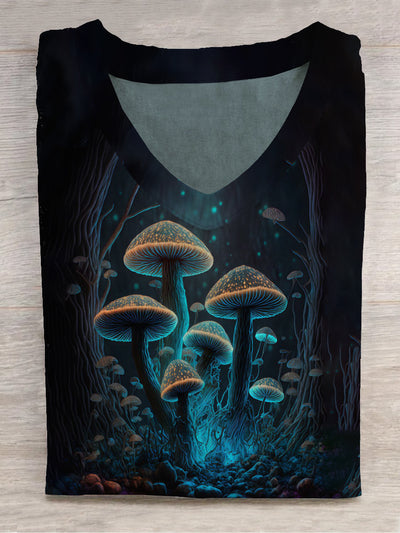 Unisex Mushroom Art Abstract Print V-Neck T-Shirt