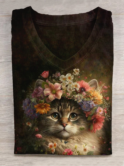 Unisex Cat and Floral Art Print V-Neck Short Sleeve T-Shirt