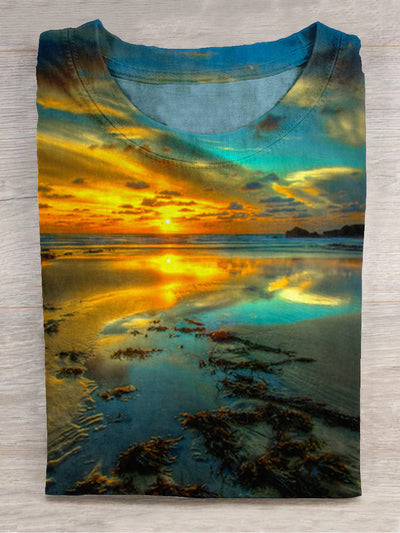 Unisex Sunset Ocean Art Print Round Neck Short Sleeve T-Shirt
