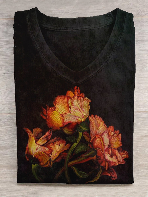 Unisex Floral Art Print V-Neck Short Sleeve T-Shirt